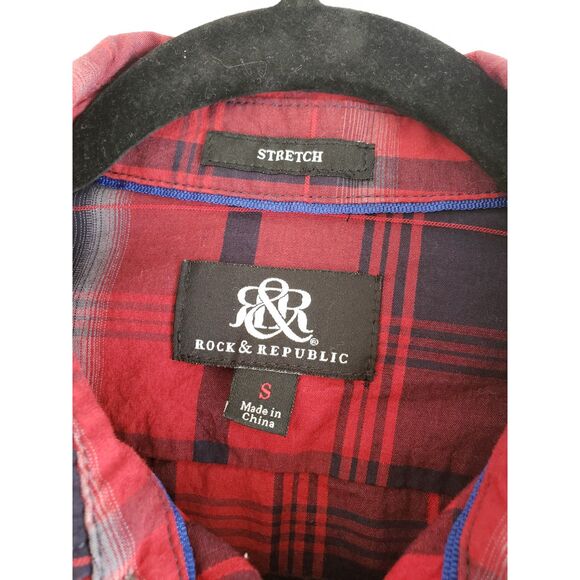 Rock & Republic Mens Shirt Small Red Plaid Button Down Stretch Straps for Arms - Picture 2 of 5